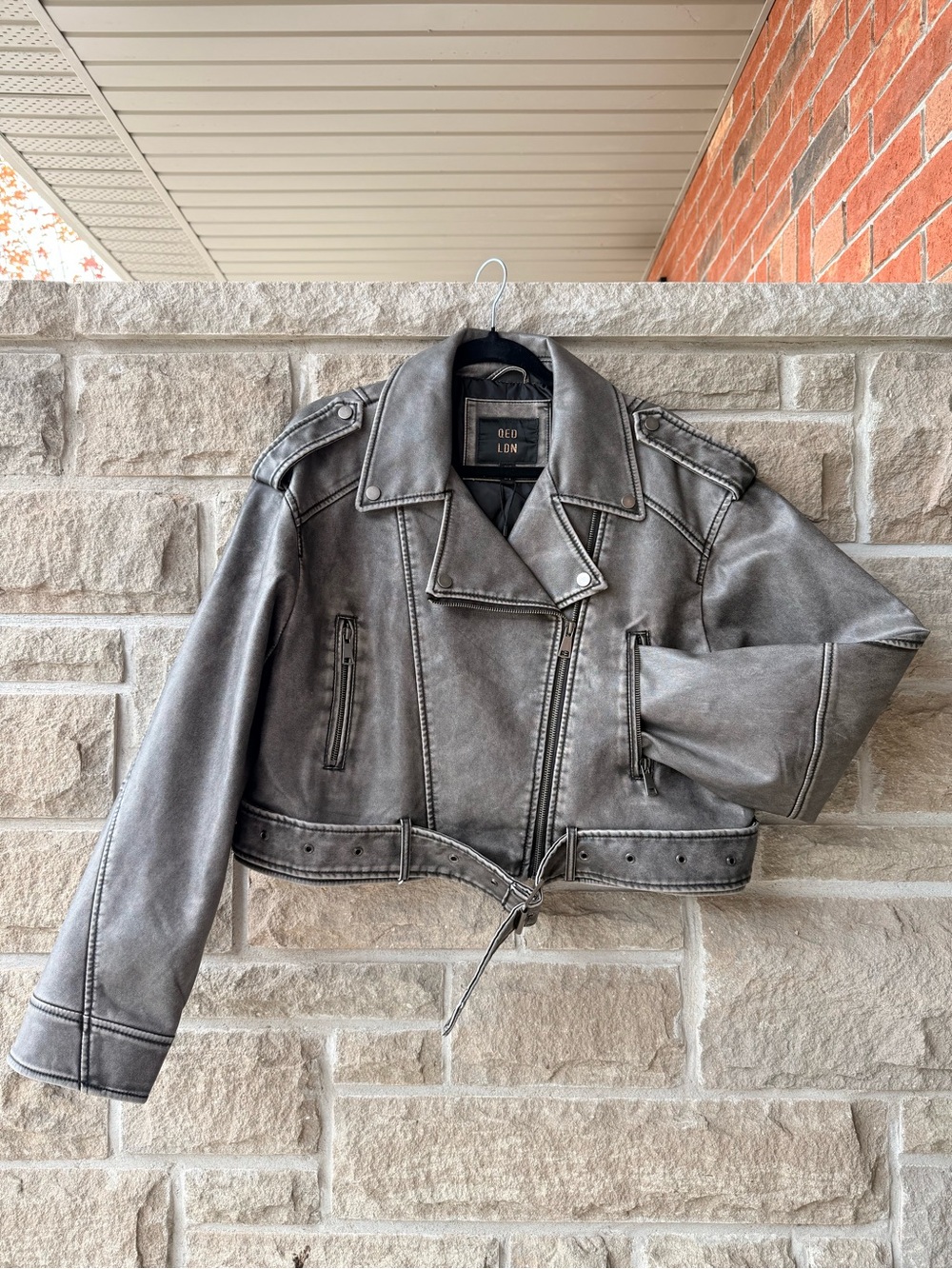 NWT QED London Grey Washed Faux Leather Moto Biker Jacket UK 16/US 12